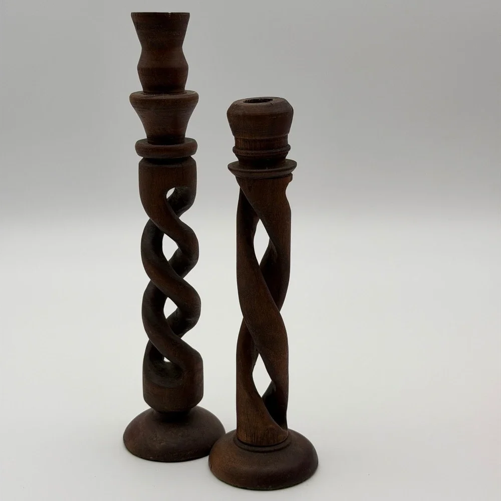 Vintage Barley Twist Wood Candlestick Holders Set of 2 Hand Carved Open Spiral